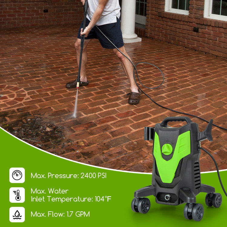 <strong>High Cleaning Efficiency:</strong> Experience unrivaled cleaning efficiency with our electric washer! Generating an impressive pressure of 2400 PSI and a flow rate of 1.7 GPM, it effortlessly tackles stubborn stains with ease. Plus, its IPX5 waterproof rating ensures worry-free cleaning, making it your ultimate cleaning companion.