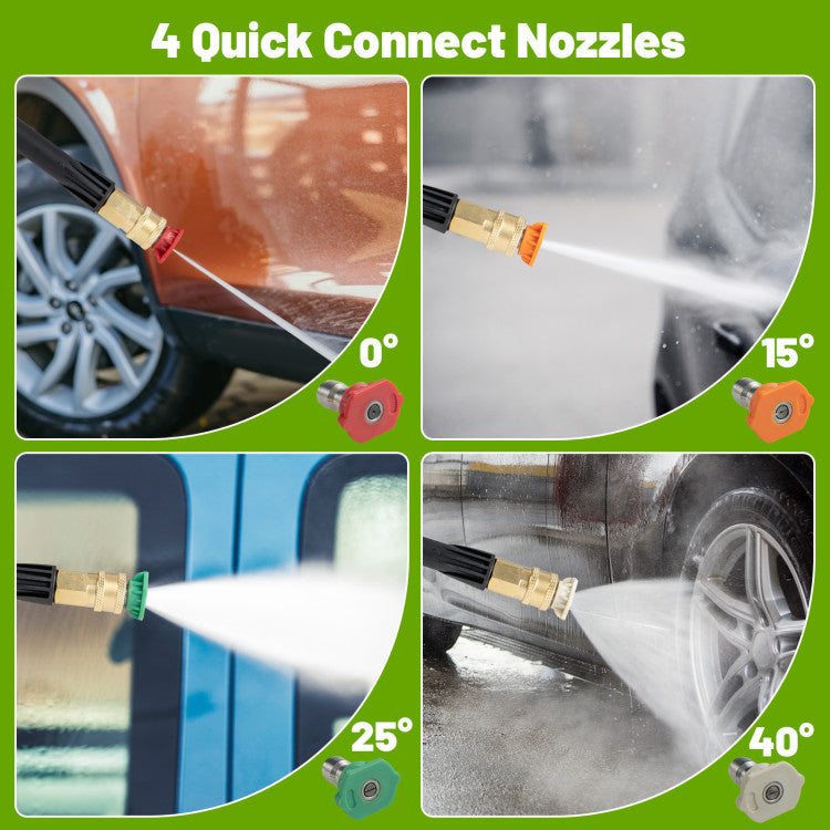 <strong>4 Nozzles and Soap Bottle:</strong> Tailor your cleaning experience with our electric washer's four nozzles and soap bottle! Choose from 0°, 15°, 25°, or 40° nozzles to adjust water pressure for different surfaces. Additionally, utilize the included soap bottle for optimal cleaning results on various stains.
