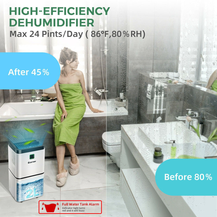 <strong>Efficient and Quiet Dehumidification:</strong> With a low noise level of 36dB, the dehumidifier can quietly and efficiently remove 24 pints (86°F, 80%RH) of moisture in the air per day and adjust humidity from 80% to 30%. What's more, it fits for medium rooms in areas up to 1, 500 sq. ft, which is perfect for the bathroom, bedroom, laundry room, office, etc.
