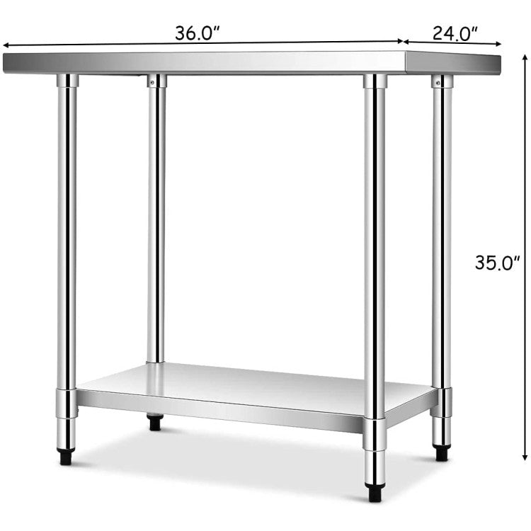 Durable Stainless Steel Tabletop: Our work table boasts a spacious 36" x 24" stainless steel tabletop with a remarkable maximum capacity of 330 lbs. The surface is treated with wire drawing and a special film to make it rust-proof and scratch-resistant, ensuring easy cleaning with just a wet towel.