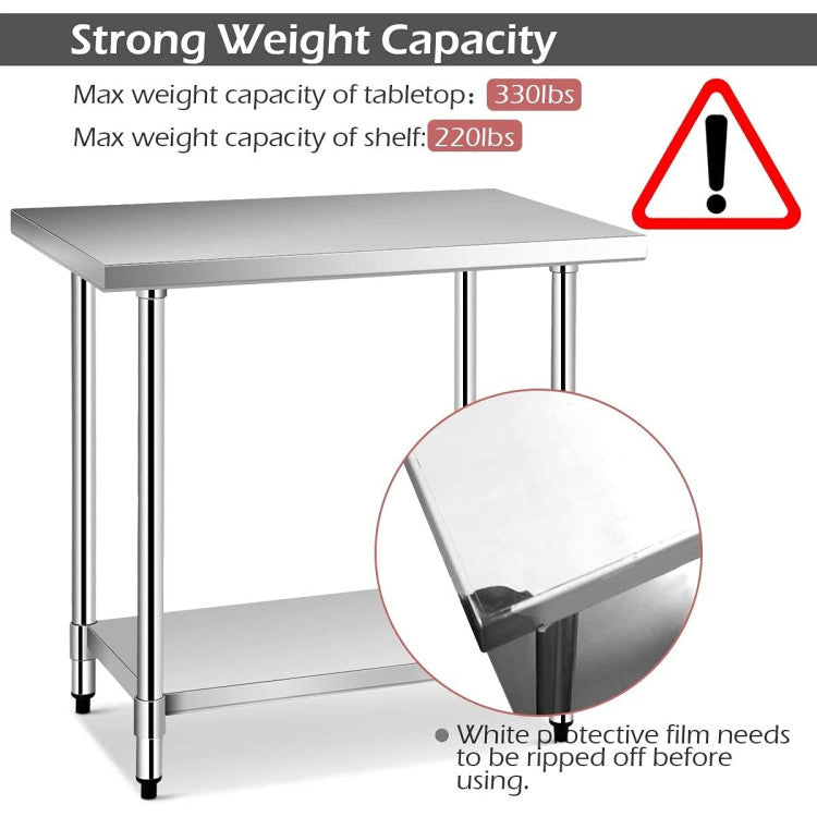Sturdy yet Lightweight: Combining stainless steel and galvanized plate, our work table achieves a sturdy total bearing capacity of 550 lbs. Despite its solid frame, it remains lightweight at 40 lbs, allowing easy mobility without assistance. An excellent choice for both commercial and home use.