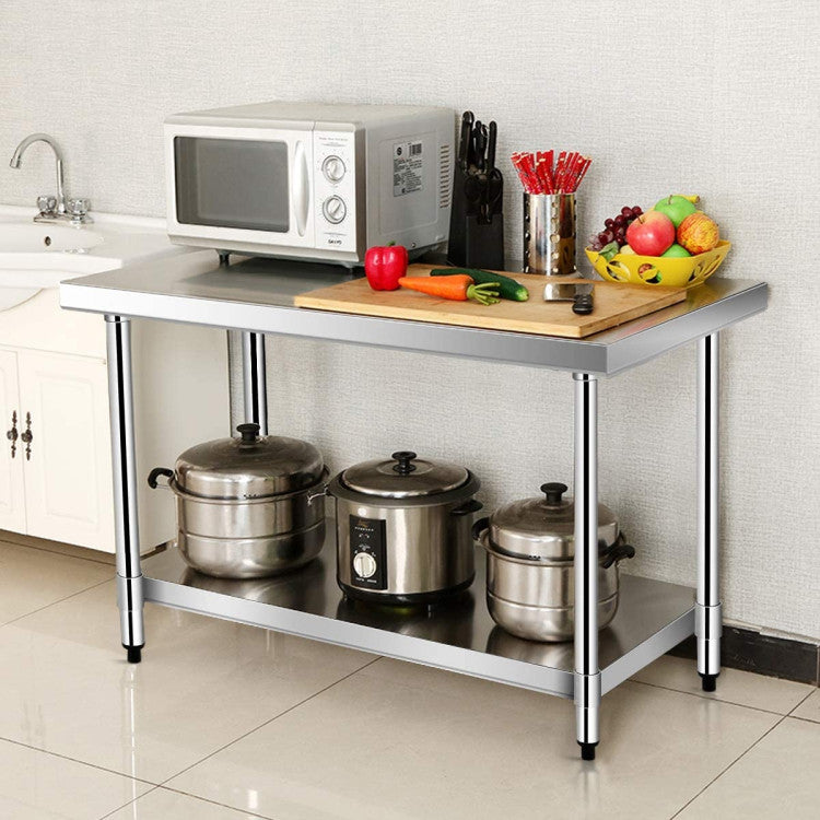 Convenient Galvanized Shelf: Below the tabletop, you'll find a galvanized storage shelf measuring 28" x 16", providing a robust bearing capacity of 220 lbs. Perfect for accommodating multiple ovens or various tools, the shelf is also height-adjustable to suit your specific requirements.