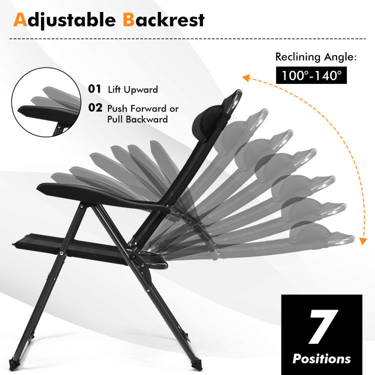7-Position Adjustable Backrest: Elevate your relaxation with our foldable sling chairs featuring 7 adjustable backrest positions, catering to your reading, lounging, and snoozing needs. Easily control the tilting mechanism via the armrest for personalized comfort that's locked firmly in place.
