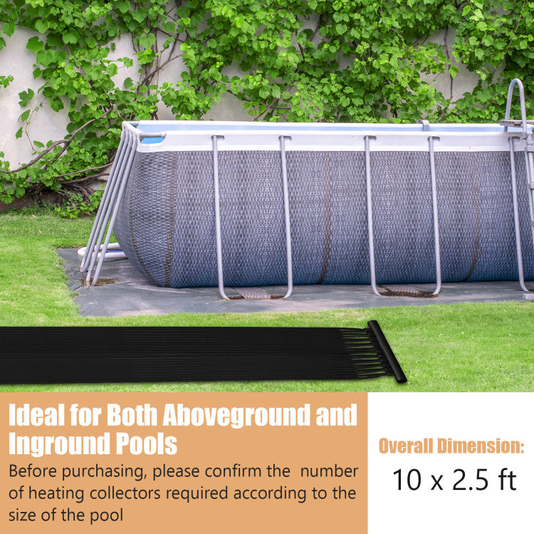 <strong>High-Efficiency Heating:</strong> The 2 pieces of solar collector panels can be connected, with a total of 10/16.4/20 feet in length and 2.5 feet in width. Therefore, it can transfer the cold water of a swimming pool into hot water with high efficiency.<br>