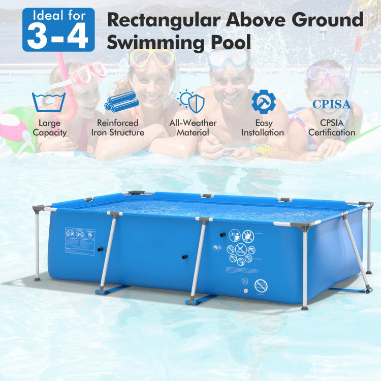 <strong>Rectangular Above-Ground Pool:</strong> To improve overall stability, this above-ground swimming pool is designed with a rectangular shape. Besides, the reinforced support legs and solid connections offer strong support. Please use this pool on a flat surface, and fill it with water up to just below the sleeve line.