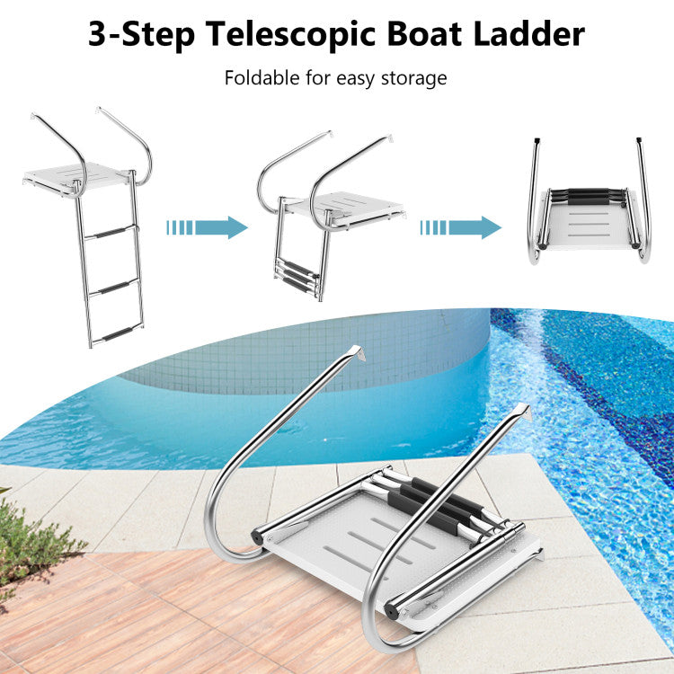 <strong>Folding and Telescoping Design:</strong> This 3-step telescoping pontoon boat ladder can be folded into a compact size when not in use, saving plenty of space on the boat. In addition, the included bungee cord holds ladder steps in a stowed position from the opening.