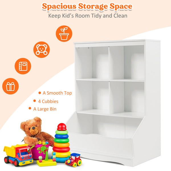Spacious and Organized: Keep your kids' room tidy and organized with our toy storage organizer. With a large tabletop, 4 cubbies, and 1 generous storage bin, there's plenty of room to store toys, books, clothes, and more, promoting good organization habits from a young age.
