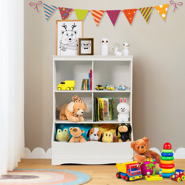 Sturdy and Durable: Built with high-quality MDF material, our 5-cubby toy organizer ensures stability and durability. Each compartment and the bottom storage bin can handle heavy loads, providing a reliable storage solution for years to come.