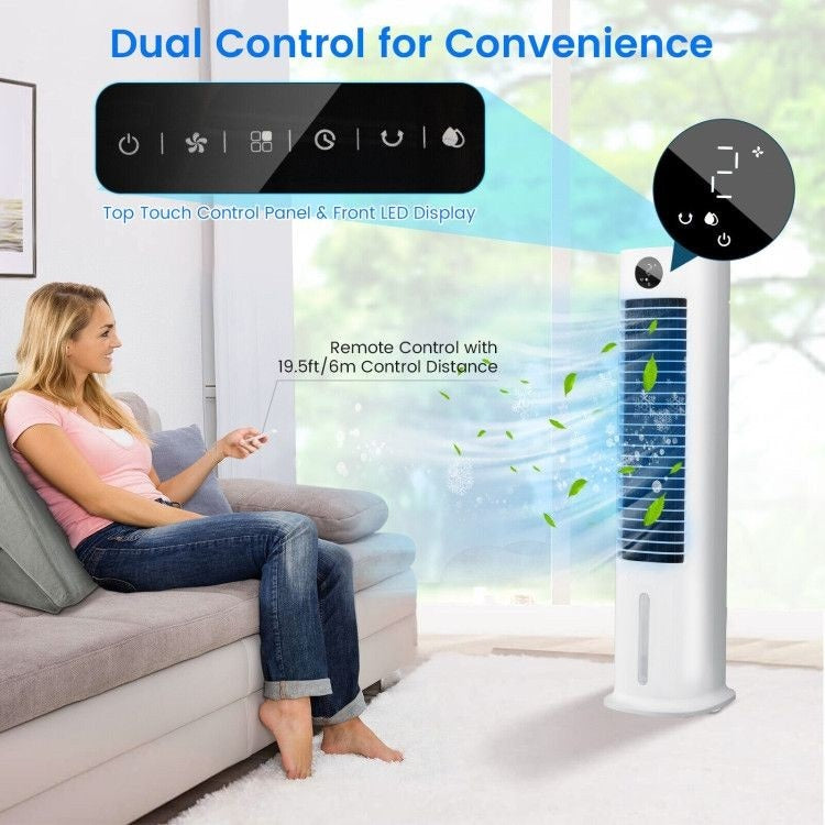 Dual Control and Convenient Display: Adjusting and monitoring your cooling settings is a breeze with the top touch control panel and front LED display. Stay in your comfort zone by easily managing the timer, speed, mode, power, and oscillation. The added convenience of remote control allows you to manage the air cooler effortlessly from your bed or sofa.
