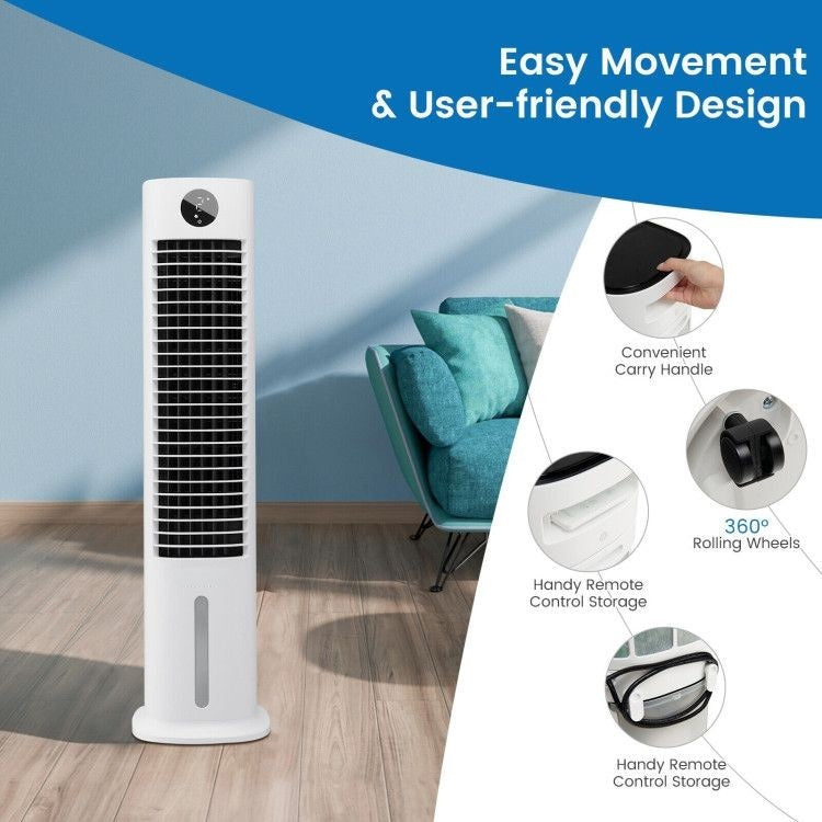 Easy Portability and User-Friendly Features: Thanks to the 4 universal wheels and built-in handle, you can effortlessly move this air cooler from one room to another. Keep your remote control secure with the convenient back slot. The visible water level lets you monitor water levels at a glance, while the water tank lock provides added safety and peace of mind.