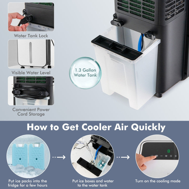 <strong> 3-in-1 Design and Thoughtful Details:</strong> Adapt to any environment with ease using our swamp cooler! Use it as a regular fan, a humidifier + fan, or an air-cooling fan. Thoughtful details like a water tank lock, visible water level, and water shortage alarm ensure a seamless user experience.