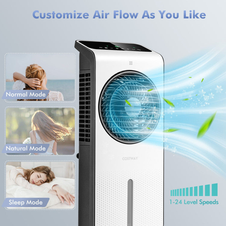 <strong> Wide Cooling Coverage and Customized Airflow:</strong> The evaporative air cooler! Featuring a 360° rotating fan blade, it ensures wide cooling coverage and customized airflow. With 3 modes and 1-24 level wind speeds, stay cool and comfortable no matter the temperature.