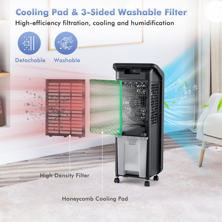 <strong> 3-Sided Cooling Pad and 2 Ice Packs:</strong> The air cooler fan is equipped with 3-sided washable filters and cooling pads for maximum efficiency. Add water, ice cubes, or ice packs to the 1.3-gallon water tank for rapid cooling. Enjoy high-performance filtration, cooling, and humidification all in one.