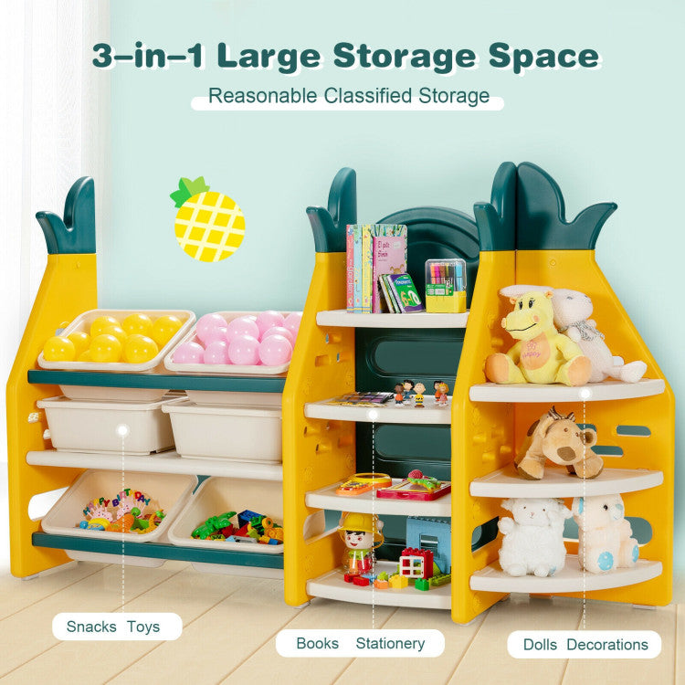 Ample Storage Capacity: With six bins and seven shelves, this toy storage rack provides abundant storage space for toys, books, and more. Each bin comes with a lid, keeping items secure and preventing loss.