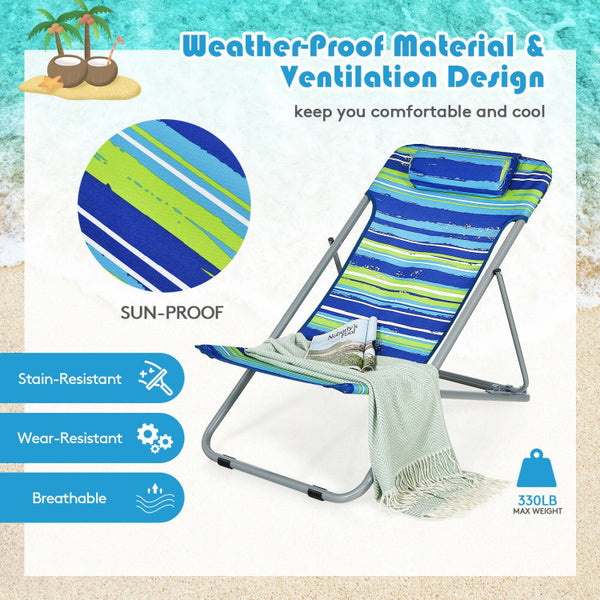 Breathable and Fade-Resistant Fabric: Crafted from premium thickened fabric, our folding sand chair offers breathability and prevents fading under hot summer sun. The low seat design ensures optimal comfort, providing a feeling akin to lying on your bed.