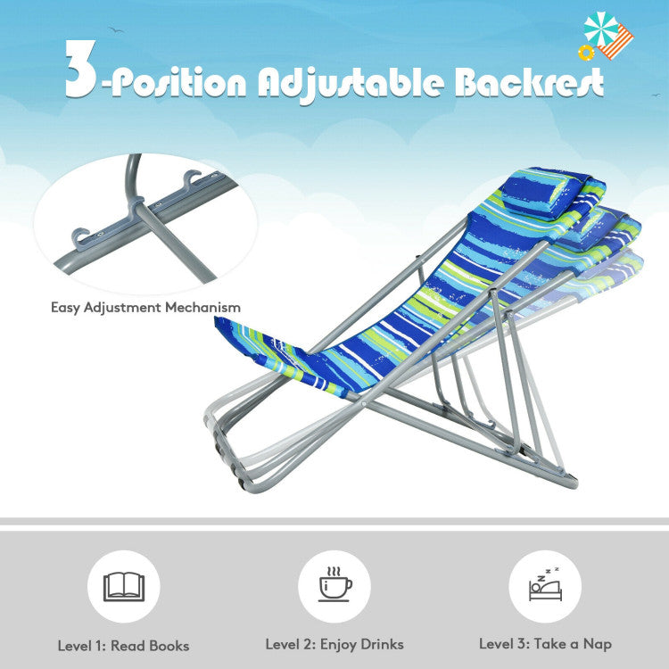 3-Level Adjustable Incline: Experience ultimate relaxation with our beach chair's 3-level adjustable incline and soft, sponge-filled headrest. Whether you're reading, chatting, or napping, the various incline angles provide maximum comfort, while the lockable mechanism ensures stability.