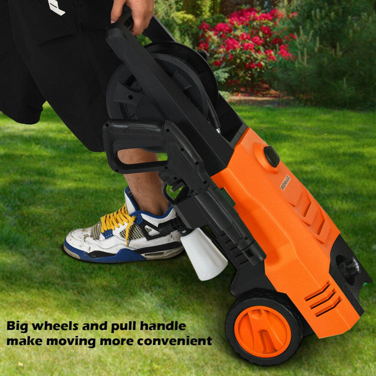 <strong>Easy to Move and Use:</strong> Experience unparalleled convenience with the easy-to-move design of our electric pressure washers! It has two large wheels and an ergonomic handle that glides easily over any surface. Equipped with a 17-foot high-pressure water hose and a 31-foot power cord, enjoy unprecedented extended range and cleaning freedom.