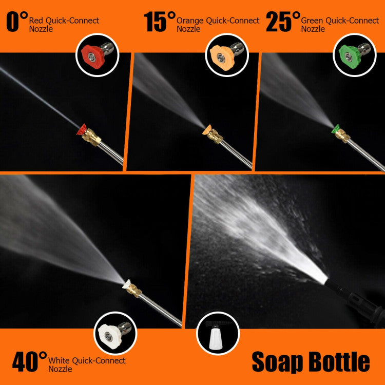 <strong>4 Interchangeable Nozzles and Soap Bottles:</strong> Use our pressure washer’s 4 interchangeable nozzles and soap bottles to tackle any cleaning challenge! From 0° for tough stains to 40° for gentle cleaning, choose the perfect nozzle for every task. Store cleaner or disinfectant in a convenient soap bottle for deep cleaning versatility.