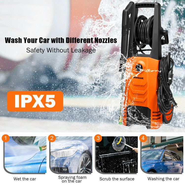 <strong>Enhanced Security Design:</strong> The pressure washers’ enhanced safety features give you peace of mind! Certified with IPX5 waterproof plug to prevent leakage. Additionally, a built-in safe automatic Total Stop System (TSS) shuts down the pump when not in use, while a safety lock on the gun ensures safe operation at all times.