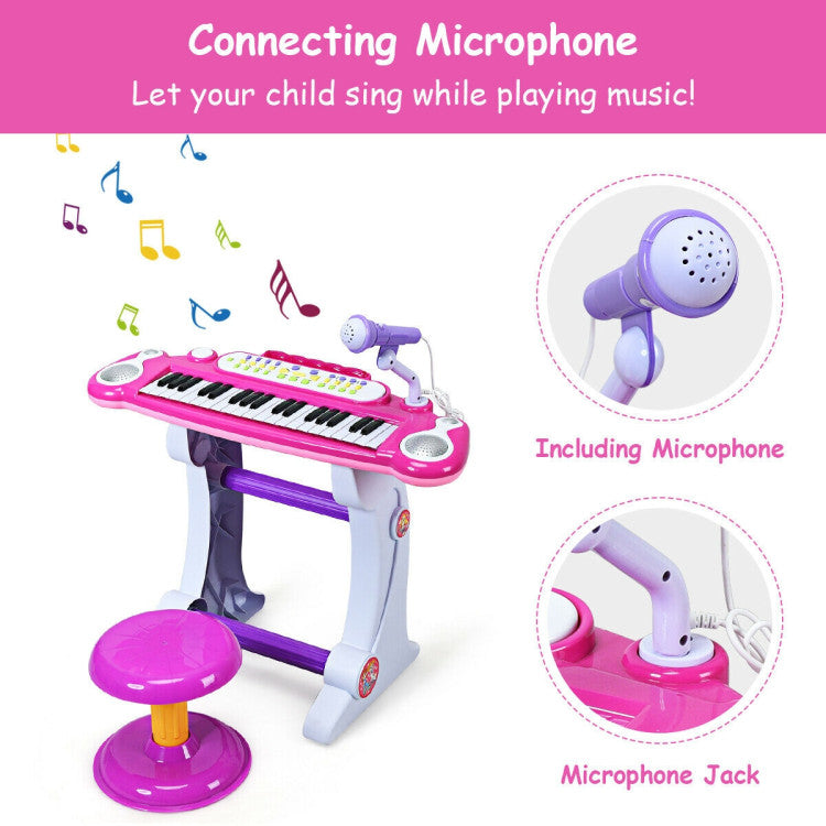 Microphone and Stool Inclusive: Our piano package includes a detachable microphone and a comfy stool. Let your child sit and sing while playing, just like a pro artist. With two power modes and an MP3 interface, it adapts to your needs effortlessly.