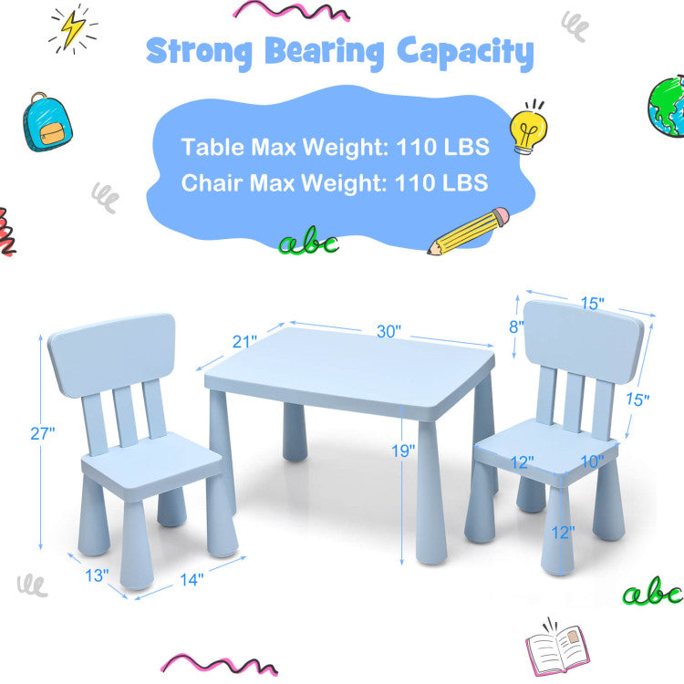Premium Quality and Safe Design: Crafted from high-strength, non-toxic, and odorless PP material, this 3-piece kids table and chairs set guarantees durability and safety. Reinforced with sturdy legs, both the desk and chairs can support weights up to 110 lbs, ensuring a secure and reliable space for your little ones.