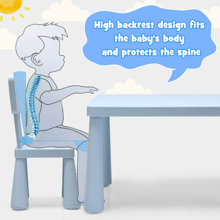 Ergonomic Design for Proper Posture: The table's height of 19" from the ground and the chair seat's height of 12" promote good sitting posture, preventing hunchback issues in young children. The chairs are thoughtfully designed with a high backrest and wide seats, ensuring a comfortable and stable seating experience.