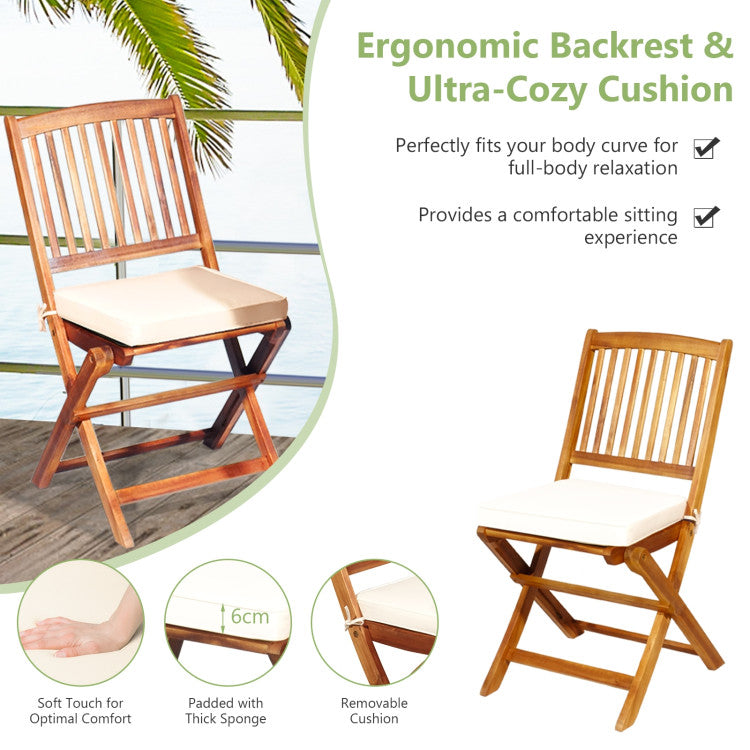 Cozy Seating with Plush Cushion: Our patio folding chair boasts a detachable cushion, secured with a rope for a stylish touch. The padded sponge cushion delivers an unparalleled comfortable sitting experience. The ergonomically inclined chair back provides ample support, ensuring your relaxation.