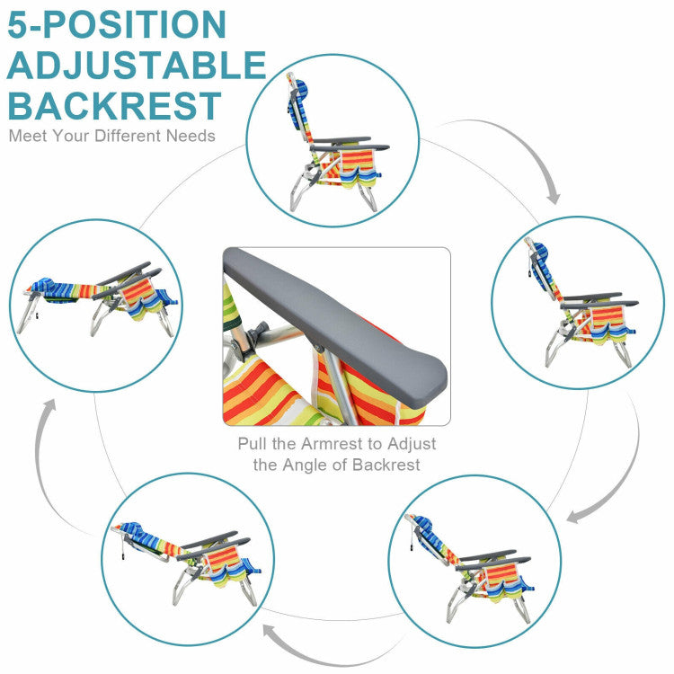 <strong>Adjustable Backrest:</strong> Elevate your relaxation game with our beach chairs featuring a customizable backrest. Effortlessly adjust between 5 positions – from upright seating to full recline – offering the perfect setting for reading, chatting, or soaking up the sun.<br>