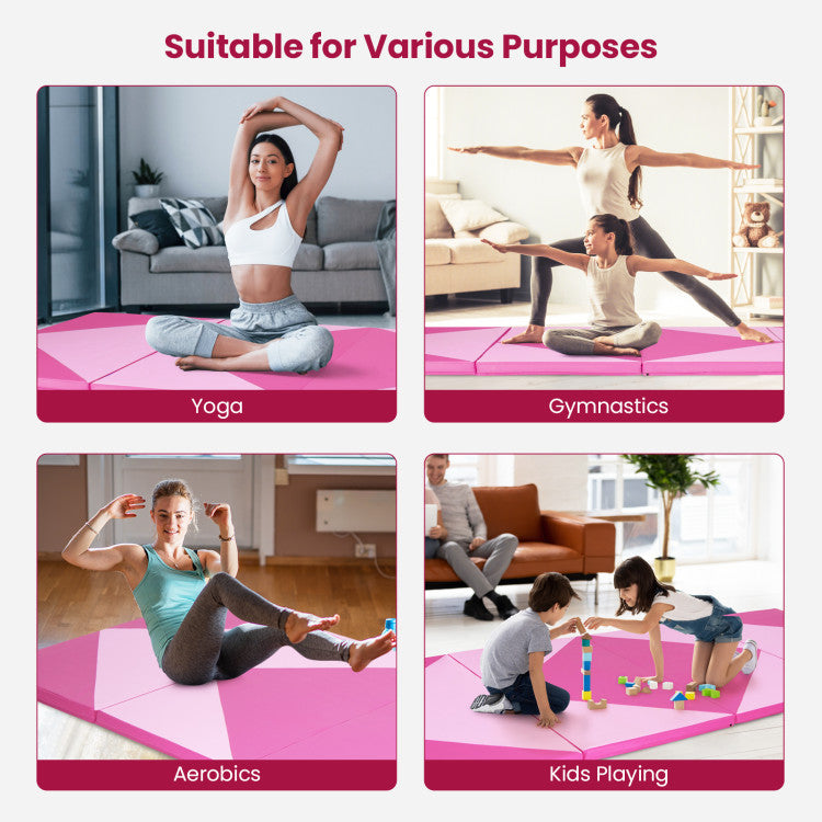 <strong>Space-Saving Design:</strong> Optimize your space with the 4-panel foldable design of this gymnastics mat. Perfect for professional gymnasts, athletes, and fitness enthusiasts, it offers a versatile platform for various exercises, stretches, and routines.