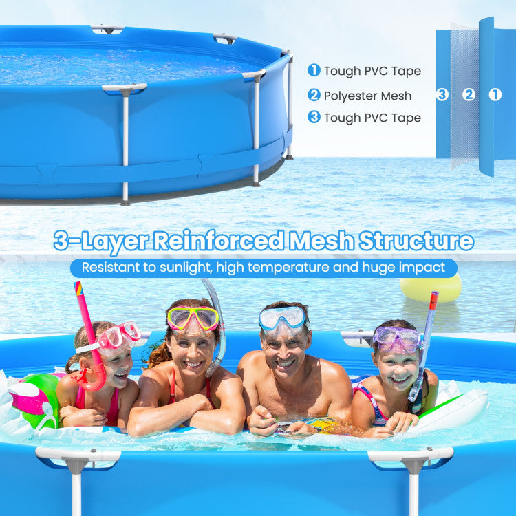 <strong>3-Layer Weather Resistant Material:</strong> The sidewalls of the above-ground swimming pool feature a 3-layer reinforced mesh structure which is made of tough PVC tape and polyester mesh. Thus, the whole pool is resistant to sunlight, high temperatures, and huge impact. What's more, the pool possesses CPSIA certification and it's free of bad smells.