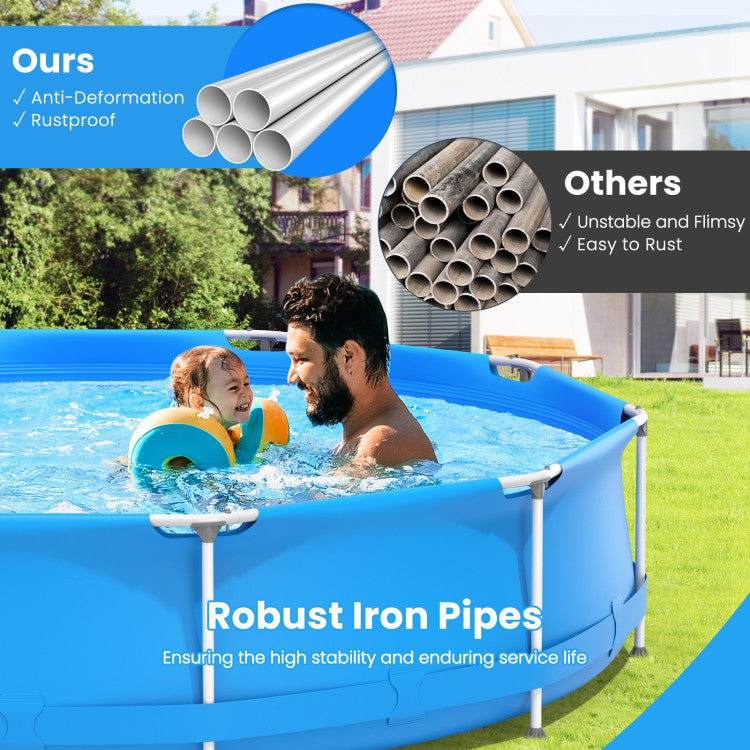 <strong>Heavy-Duty Iron Frame:</strong> Constructed of robust and anti-deformation iron pipes, the main frame of the swimming pool ensures high stability and enduring service life. Each iron pipe is well powder-coated to avoid rust. Every part of the iron frame is tightened by end caps and plastic pins, which is not easy to fall apart.