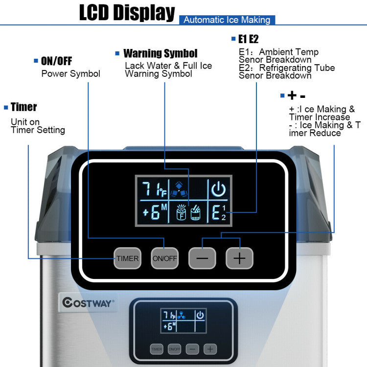 Smart LCD Display Panel: Experience intuitive control with our intelligent ice machine. The responsive touch buttons on the LCD display provide instant feedback. Timely alerts, such as low water or a full ice basket, are visually indicated, reducing errors and safeguarding the machine for extended longevity. Customize your ice-making schedule too!