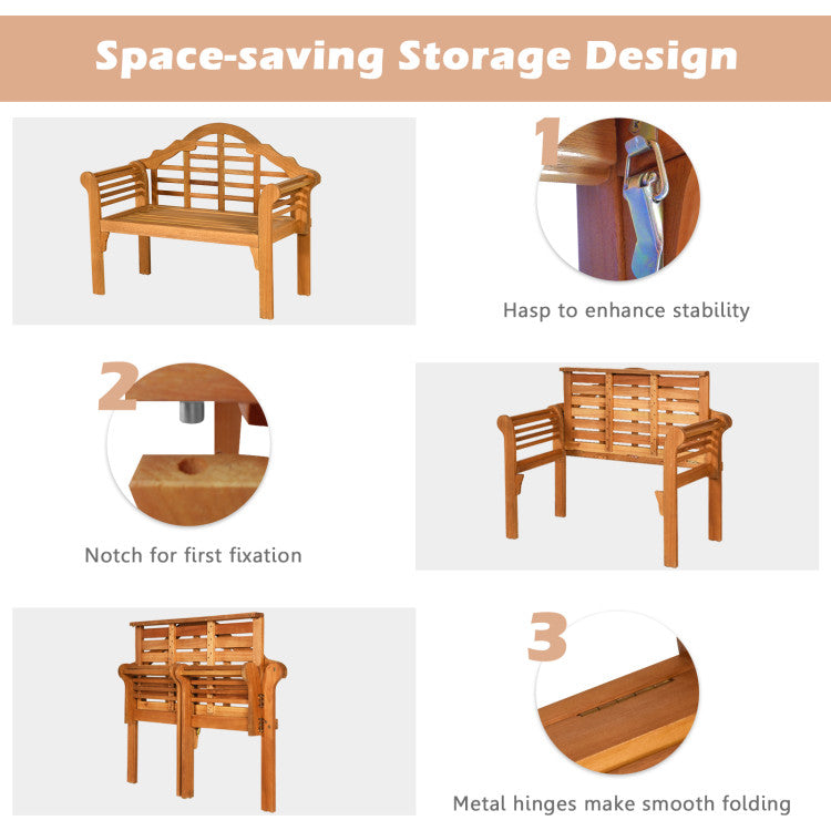 <strong>Folding and Space-saving Design:</strong> Say goodbye to clutter with our folding bench's innovative design! Unlike traditional garden benches, it folds effortlessly for convenient storage in any corner. Plus, with a secure hasp to fix the seat, enjoy added stability without compromising space.