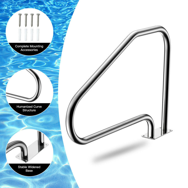 <strong>Larger Size for Enhanced Comfortableness:</strong> Upgraded in overall dimension, the handrail measuring 49 inches long and 33.5 inches high shall give swimmers the most comfortable grab feeling. Based on both the ergonomic principle and most people's using habits, it also adopts a 4-bend design to better meet individual needs.