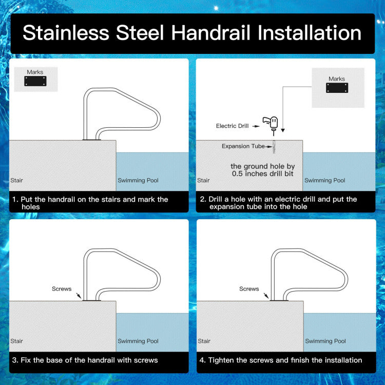 <strong>Easy-to-Mount Stable Base Plate:</strong> The pool handrail features an ultra-simple design that only requires you to mount the base plate on the ground using the screws provided. The solid connection and strong welding between the handrail body and base plate strengthen the stability further, leaving you with no worry at all.<br>