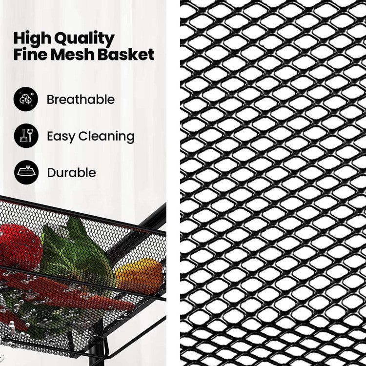 Innovative Honeycomb Net Design: Our storage cart features a unique honeycomb net design, providing safety, ventilation, and damp-proof properties. It is the perfect addition to your kitchen or bathroom, ensuring an organized and tidy space.