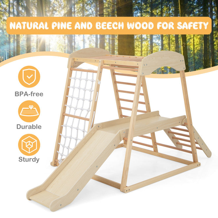 <strong>Kid-friendly Materials and Details:</strong> The 6-in-1 indoor jungle gym is made of natural pine and beech wood that are BPA-free, durable and sturdy. Additionally, the burr-free surface and rounded corners protect toddlers from accidental injuries. Certified by ASTM and CPSIA, the wooden indoor climbing set is more reliable.