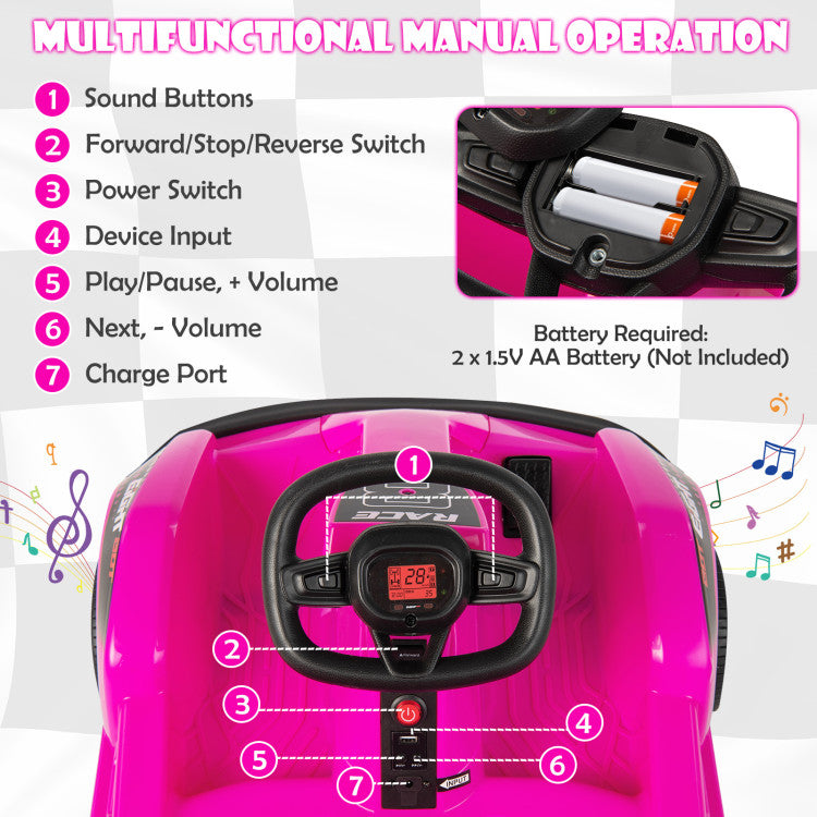 <strong>Fun Steering Wheel and Control Panel:</strong> Engineered for maximum entertainment, this kart features an engaging control panel and steering wheel (2 AA batteries required, not included), enabling kids to immerse in music and sound effects. Equipped with a USB port, it allows for external music connectivity, complete with play, pause, and volume adjustment functionalities.