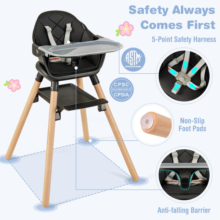 <strong>Safe and Comfy Sitting Experience:</strong> Built in a stable pyramid structure, this convertible baby high chair is not easy to tip over. 4 sturdy legs are made of solid beech wood. And the 5-point safety harness and anti-falling barrier can protect your baby from falling off the chair. The PU seat cushion is removable and has a soft and skin-friendly surface.