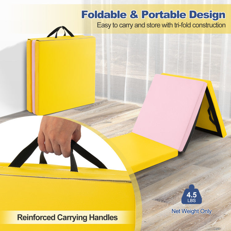 <strong>Foldable and Portable Design:</strong> Experience convenience with our tri-fold gymnastics mat, designed with reinforced handles for effortless transport and storage. Weighing just 4.5 lbs, it's a breeze to carry. Dimensions: Open - 6' x 2' x 2", Folded - 2' x 2' x 6'.