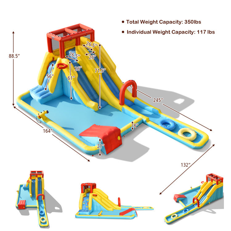 Generous Dimensions and Capacity: This backyard blow-up slide measures a spacious 245 x 132 x 88.5 inches (L x W x H). It boasts a total weight capacity of 350 lbs (each child should weigh under 117 lbs), making it ideal for up to three kids aged 3 to 10 years old to enjoy at once.
