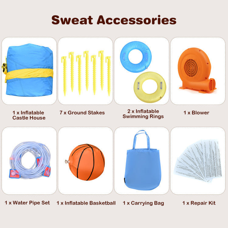 Awesome Accessories for Extra Joy: We've got your entertainment covered. You'll receive an inflatable bounce house, the powerful 750W blower, hose assembly, inflatable basketball, and two swimming rings for endless fun. A convenient carrying bag makes storage and transport a breeze. Seven ground stakes ensure stability, and a repair kit is included for easy maintenance.
