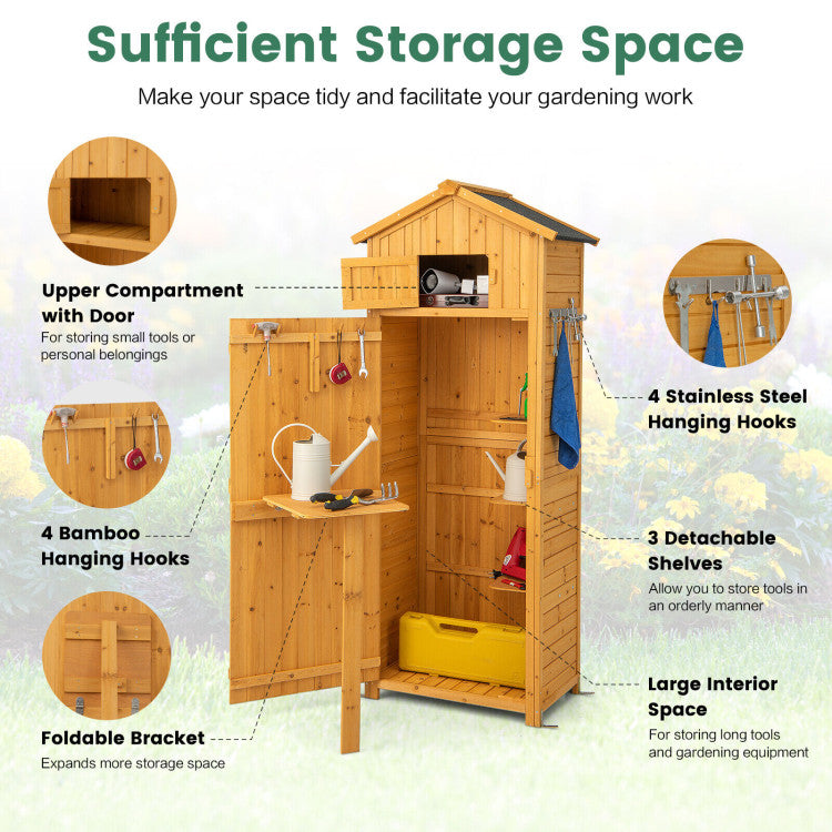 <strong>Sufficient Storage Space:</strong> This multifunctional garden shed provides classified storage areas to make your space tidy and facilitate your gardening work. It is equipped with an upper compartment with door, 3 detachable shelves, a foldable table for storing small items, and a large interior space for large tools. Moreover, there exist 4 bamboo hanging hooks and 4 stainless steel hanging hooks for easy access to gadgets.
