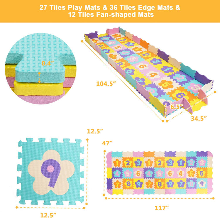 Spacious Coverage: With 75 pieces, our baby play mat set includes 27 tiles for play mats, 36 tiles for edge mats, and 12 tiles for fan-shaped mats. This expansive play area offers children a comfortable space to crawl, play, and explore. Overall Expansion Size: 117" x 47" x 0.4", Fence Up Size: 104.5" x 34.5" x 6.5", Individual Number Mat Dimensions: 12.5" x 12.5".