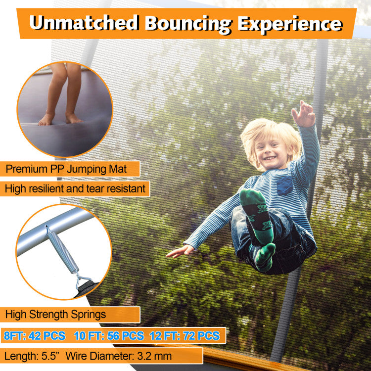 Upgraded Safety Enclosure: Ensure your child's safety with our upgraded trampoline, featuring a comprehensive safety enclosure with curved poles to increase the distance from the net, reducing injury risks. Additionally, foam-padded poles enhance protection during play.<br>