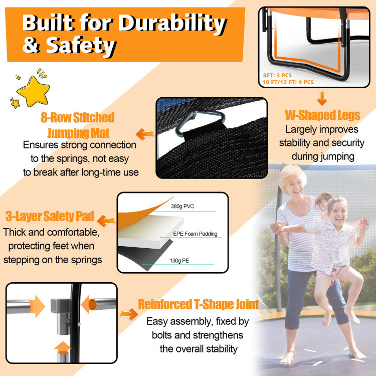 Advanced Technology for Built-to-last Quality: Built with cutting-edge hot-dip galvanization for the steel frame, our trampoline offers increased durability and resistance against the elements. The robust T-connectors and W-shaped legs provide unmatched stability and support, holding up to 400 lbs.