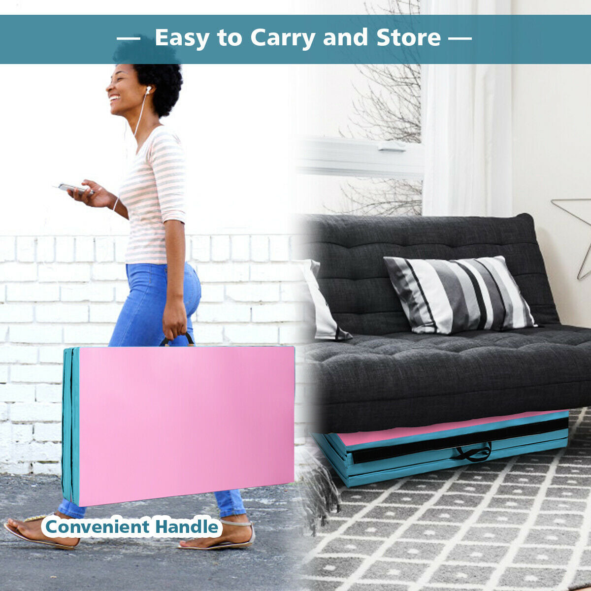 <strong>Compact Storage Solution:</strong> Effortlessly fold this gymnastic mat into four quarters for convenient carrying and storage. Its space-saving design allows it to fit into compact spaces with ease, making storage a breeze.
