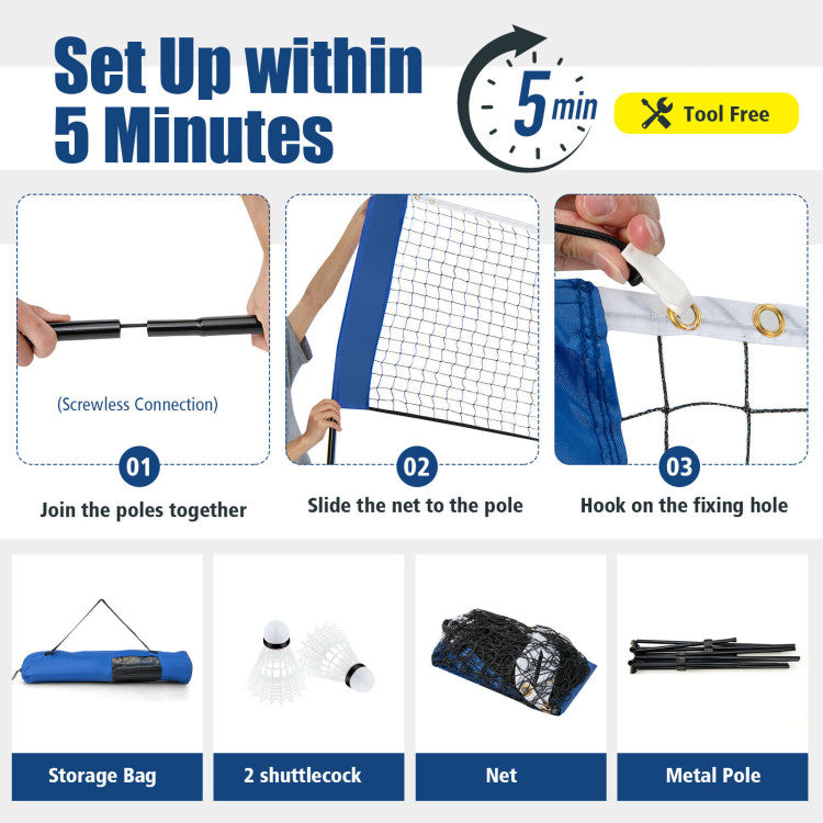 <strong>Effortless Assembly:</strong> No tools needed! Set up the badminton stand in just 5 minutes. Connect the poles, slide the net, and hook it onto the fixing hole for quick and hassle-free preparation.