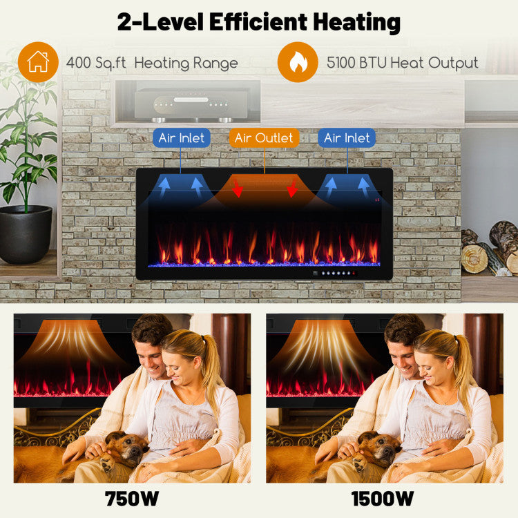 <strong>750W/1500W Heater:</strong> This linear fireplace features 2 heat settings (750W/1500W) that reach 5100 BTU heat output and 400 sq ft heat coverage for sufficient warmth. The remote control with a 20 ft effective control distance facilitates heat adjustment without getting up.