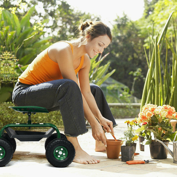 <strong>Comfortable Gardening Experience:</strong> The height of the seat can be adjusted so that you don’t need to crouch down or bend over, relieving pressure on your back and legs. The shape of the seat has an ergonomic design which can fit properly to your body and the seat of our garden cart can be rotated 360 degrees.